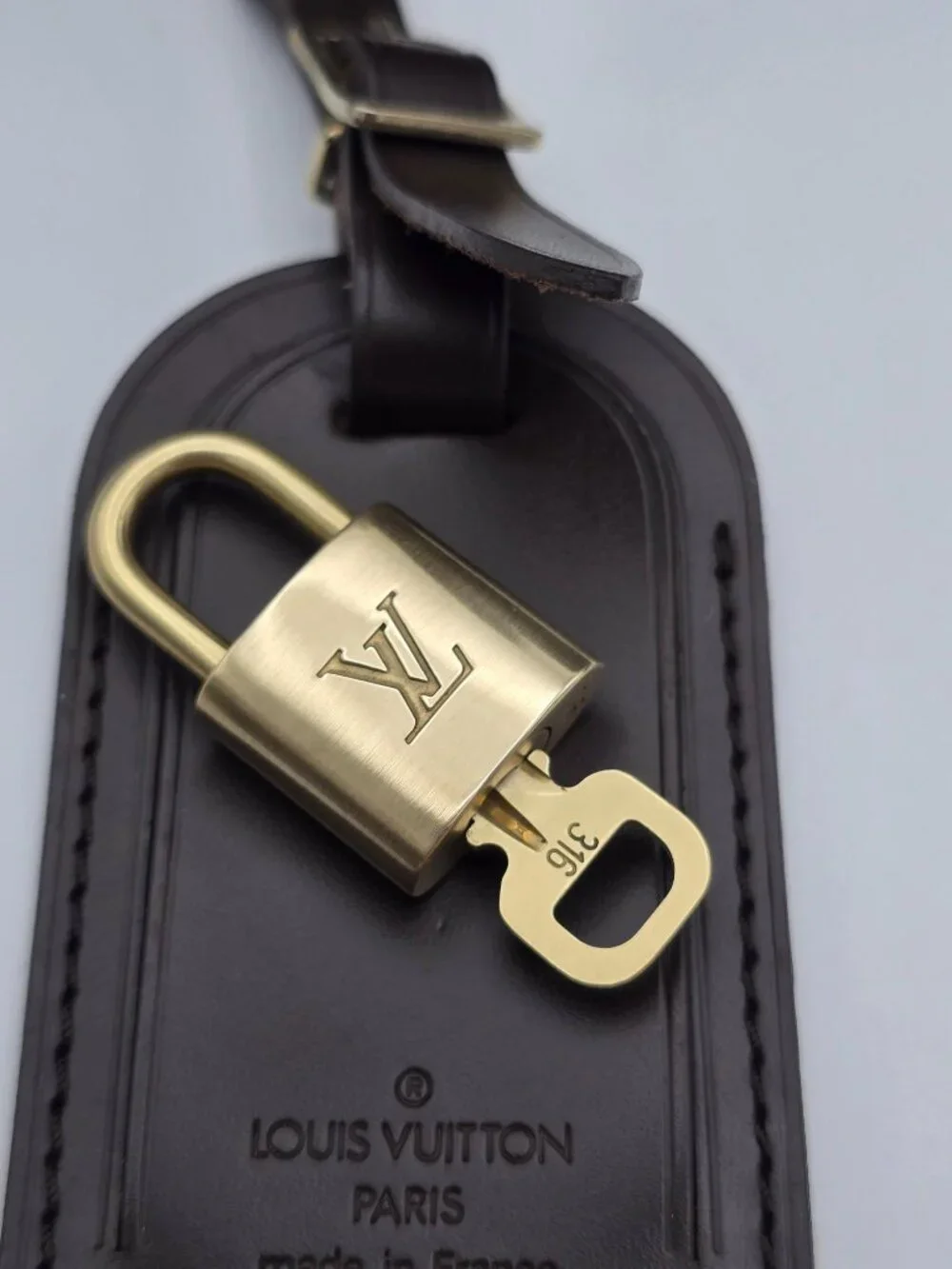 Authentic Louis Vuitton Brown Luggage Tag & Gold Padlock with Key-Made in France